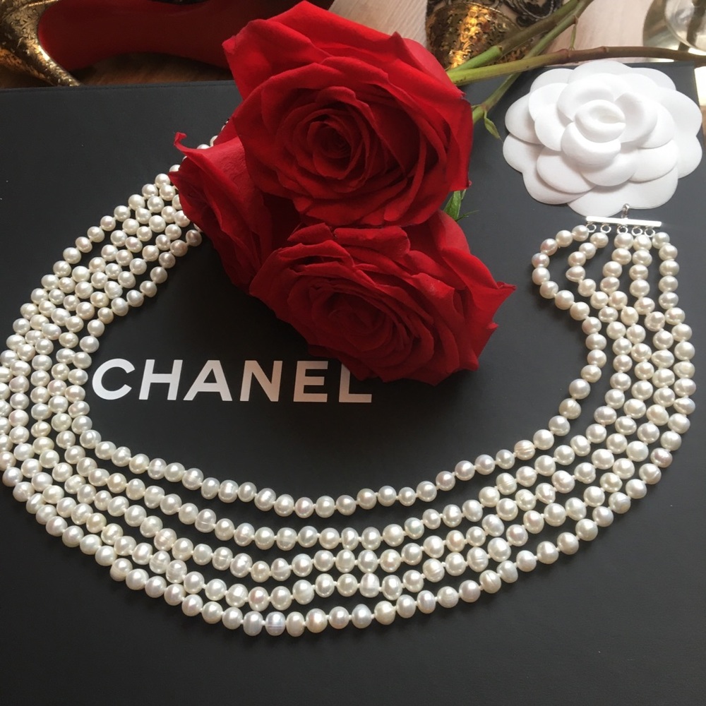 Genuine Freshwater cultured Pearl 5strand necklace - Picture 1 of 11